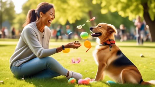 A heartwarming scene of a happy rescue dog at a park, displaying various training techniques with its owner, including sit, stay, and fetch. The background shows a sunny day with lush green grass, col