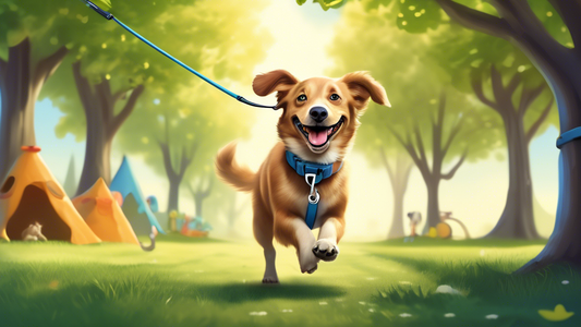 Create an image depicting a happy dog exploring a scenic, grassy park while attached to a long leash held by a smiling person. The dog should look excited and curious, sniffing around various trees an