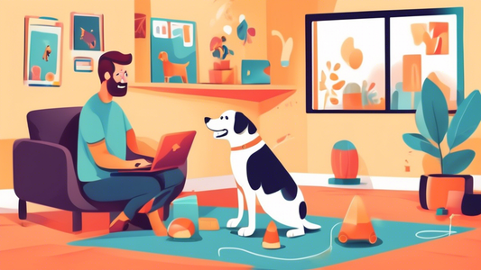 Create an image of a happy dog learning commands from its owner at home, with a professional dog trainer giving guidance via a laptop screen. The cozy living room setting includes dog toys, treats, an