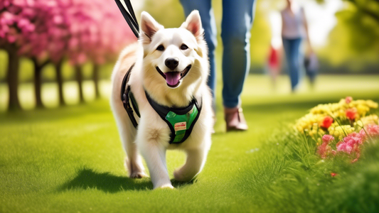 Create an image of a happy senior dog wearing a HelpEmUp harness. The dog is being gently supported by a smiling pet owner as they walk through a beautiful park with vibrant green grass and colorful f