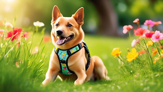 Create an image showing a happy dog wearing a stylish, well-fitted Gooby Easy Fit Harness. The dog is playing in a sunny park, with vibrant green grass and colorful flowers in the background. The harn