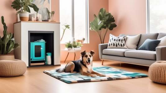 A cozy and stylish living room with a playful dog happily lounging on a comfortable, washable dog crate mat. Nearby, a washing machine and cleaning supplies highlight the easy-to-clean feature of the