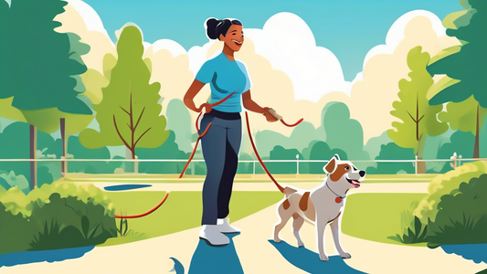 Create an image of a dog trainer using a check cord to train a happy, attentive dog in a scenic outdoor setting. The trainer is holding the cord with a gentle hand, guiding the dog through an agility