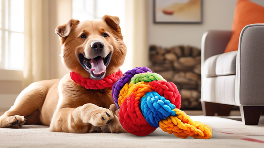 Create an image of a happy dog playing with a durable, colorful Kong Wild Knots Bear XL toy. The scene should be set in a cozy living room filled with soft lighting, showcasing the toy's strong constr