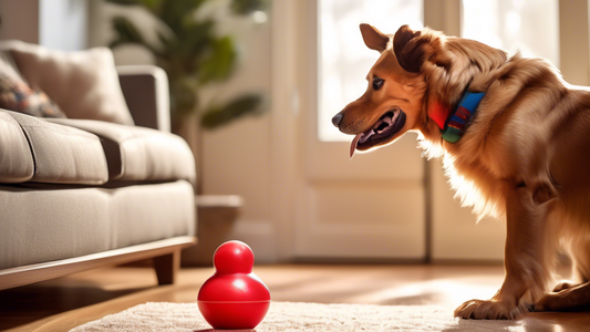 Create an image of a playful dog interacting with a Kong Wobbler toy in a cozy living room setting. The dog looks excited and engaged as it nudges the treat-dispensing toy with its nose and paws. The