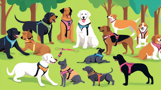 Prompt for DALL-E: A variety of large dog breeds wearing different styles of harnesses, including front-clip, back-clip, and no-pull harnesses, in a vibrant outdoor park setting. Each harness is clear