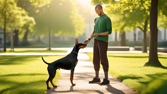 Create a detailed and engaging image of a person training a well-behaved Doberman in a sunny park. The trainer should be using positive reinforcement methods, such as treats and a clicker, while the D