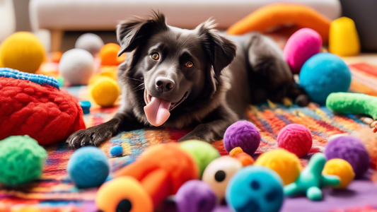 A vibrant and cheerful image of a variety of dog toys scattered on a colorful blanket, including chew toys, balls, and plushies, all with price tags showing affordable prices. In the background, a hap