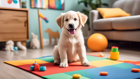 A cheerful puppy sitting on a colorful play mat in a cozy living room, surrounded by training pads and puppy-friendly toys. The image shows a positive environment with a clear, step-by-step training c