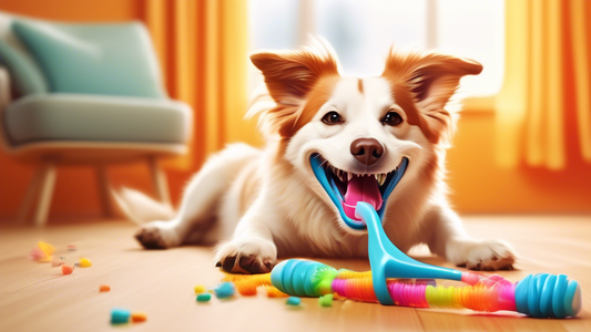 Create an image of a happy dog playing with a colorful and innovative teeth-cleaning toy, designed to improve dental health. The toy should have various textures and features for effective cleaning, a