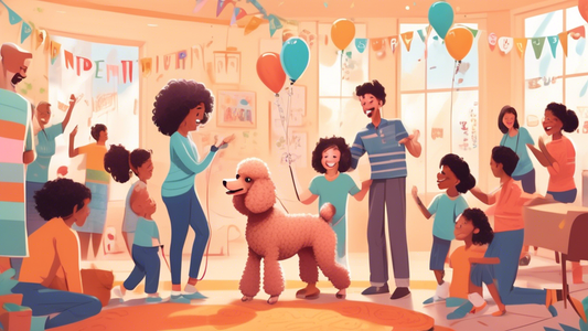 A heartwarming scene of a family adopting a playful, fluffy miniature poodle from a cozy and welcoming animal shelter. The poodle is joyfully wagging its tail, the children are beaming with excitement
