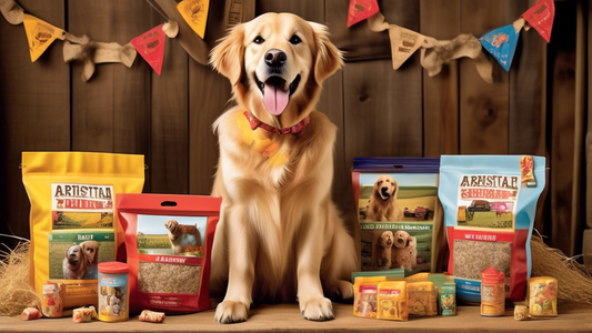 Create an image of a cheerful Golden Retriever sitting in a rustic, farm-like setting with a Tractor Supply store in the background. The dog is surrounded by an assortment of colorful and enticing dog