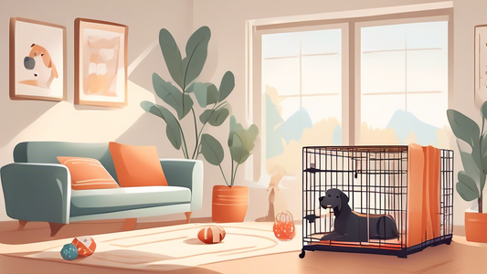 A cozy and well-decorated living room with a calm and happy dog resting comfortably in a spacious and cushioned dog crate. Nearby, a few dog toys and a comfy dog bed are arranged to illustrate choices