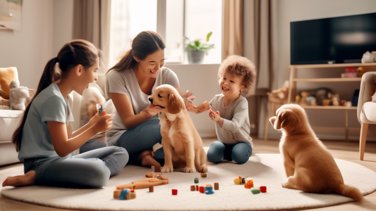A heartwarming scene of a puppy training session at home. The image depicts a cheerful family with a young puppy in the living room. An adult is demonstrating how to teach the puppy to sit, using trea