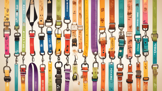Create an illustration depicting a variety of dog leads and collars displayed neatly on a wall, each labeled with their unique features and benefits. Include a diverse group of happy dogs of different
