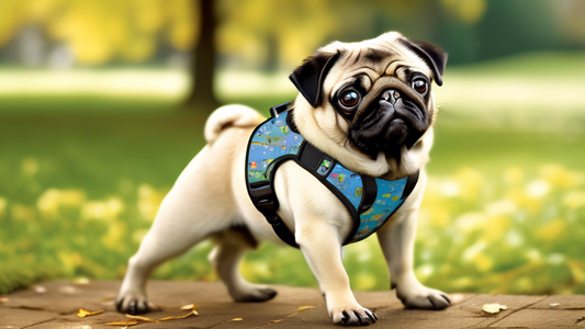 Create an image of a happy pug walking in a picturesque park while wearing a comfortable, well-fitted harness. Show a selection of different harnesses in the background on a display stand or table, hi