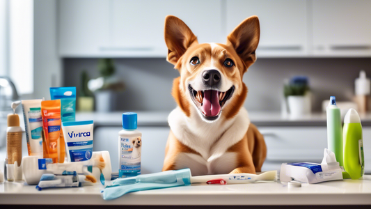 Create an image of a happy dog sitting on a countertop in a brightly lit kitchen. The dog is surrounded by various dental care items, such as a toothbrush and a tube of Virbac Enzymatic Toothpaste lab