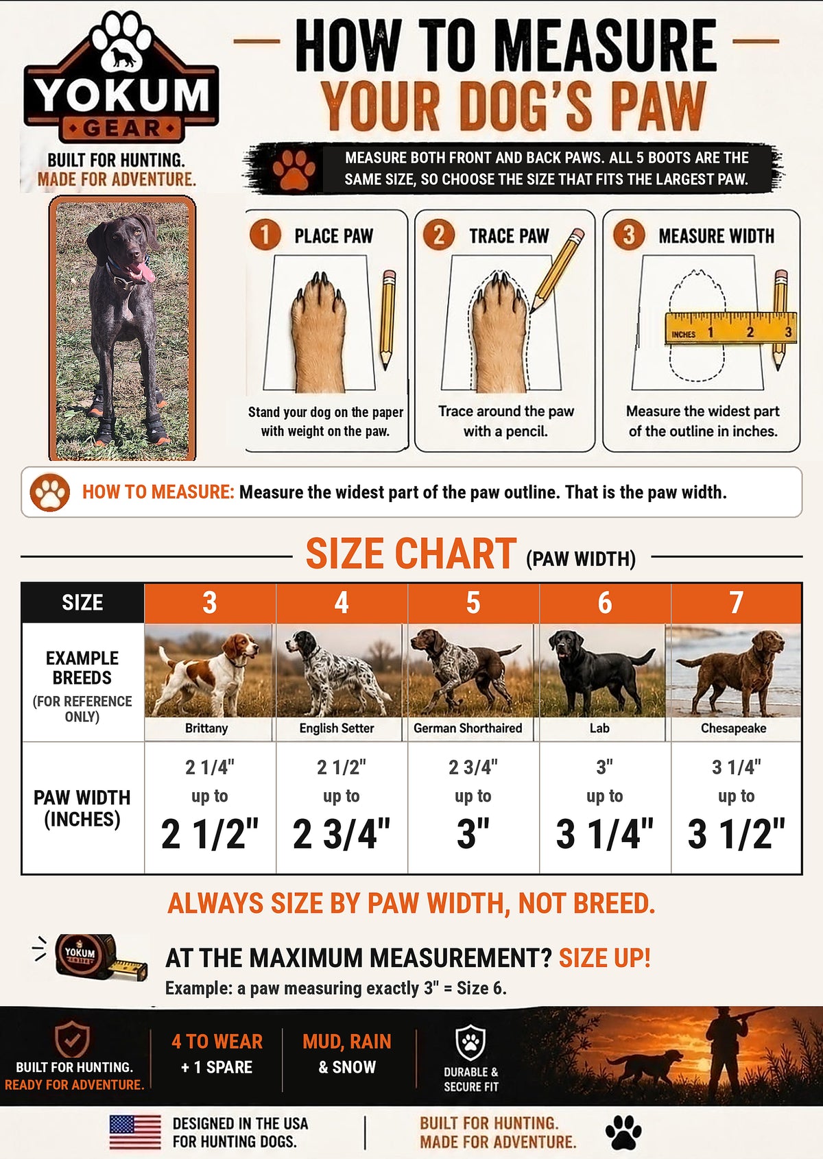 Yokum Gear Dog Boots size chart by paw width, sizes 3 to 7