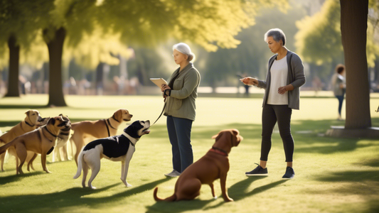 Create an image of a dog training session in a peaceful park setting, where a professional dog trainer is calmly demonstrating techniques to manage leash aggression with a medium-sized dog. The dog, w