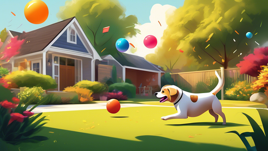 Create an image of a happy dog in a spacious backyard, eagerly chasing after a brightly colored ball launched from a sleek, modern automatic ball thrower. The scene should include a joyful pet owner w