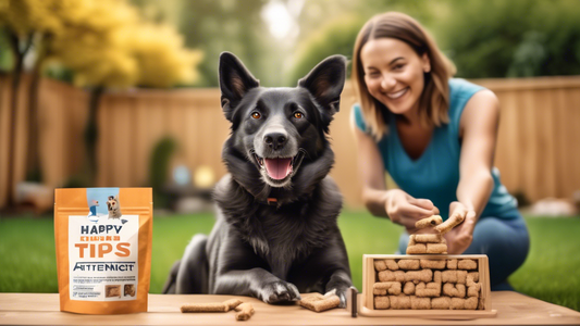 Create an image of a happy dog sitting attentively next to a cheerful pet owner in a cozy backyard. The owner is holding up a dog treat as a reward. The scene includes simple homemade training tools l