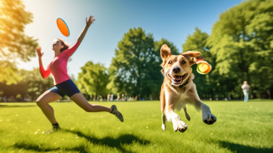 Create a vibrant and dynamic image of a person playing frisbee with their dog in a sunny park. The person is mid-throw, and the dog is leaping joyfully into the air to catch the frisbee. Both are surr