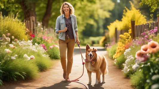 Create an image of a happy dog standing on a scenic, grassy path with its owner. The dog has a stylish, durable rope dog lead that features a comfortable handle and robust clasp. Surrounding the duo a