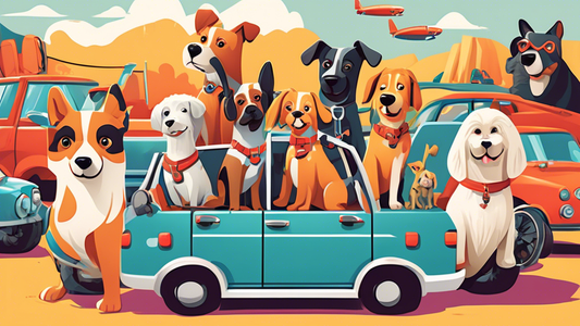 An illustrated guidebook cover featuring a variety of dogs wearing car safety harnesses inside different types of vehicles, demonstrating correct fitting and use, set against a background of a scenic 