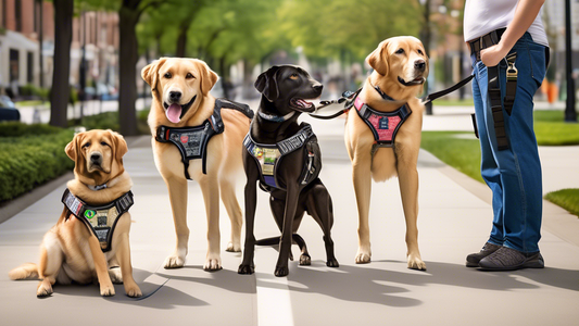 Create an image featuring different breeds of service dogs wearing various types of harnesses. Each harness should highlight key features such as handles, reflective strips, identification patches, an