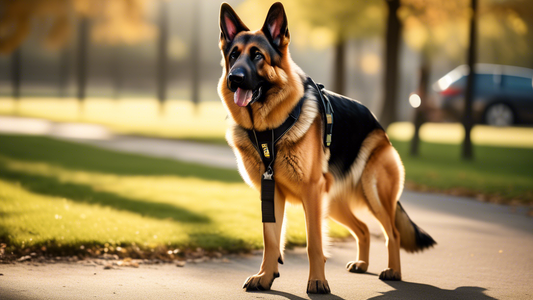 A high-resolution image of a German Shepherd attentively following commands during a training session. The setting is a sunny outdoor park with a professional dog trainer using hand signals and verbal