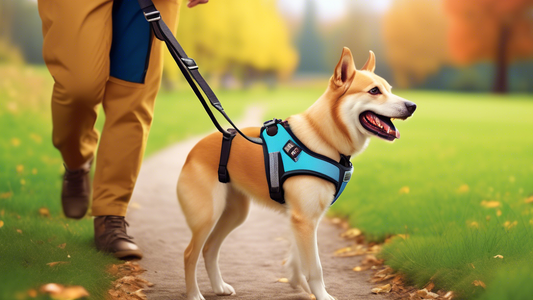 Create an image showcasing a happy dog wearing a well-fitted Julius harness. The dog is being walked by an owner in a beautiful park. Highlight the key features of the harness, such as adjustable stra