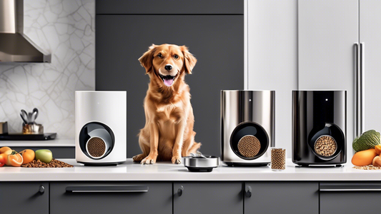 Create an image of a modern kitchen with various high-tech, automated dog feeders lined up on a sleek countertop. Each feeder has a unique design and displays features like timers, portion controls, a