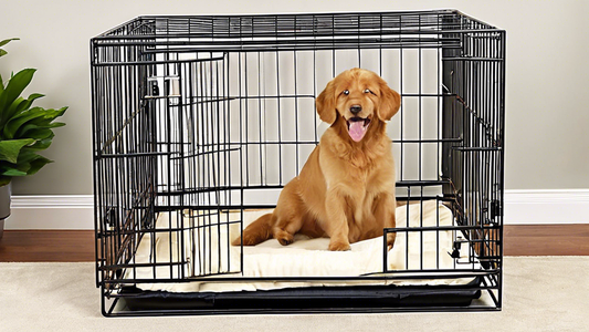 Create an image of a spacious 42-inch dog crate with a secure divider. The crate should feature a comfortable and stylish design, suitable for both small and large dogs. Surround it with a happy, well