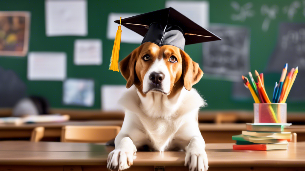Create a vibrant and engaging image of a dog sitting attentively in a classroom setting, wearing a little graduation cap. Around the dog, there are educational charts and posters on the walls featurin