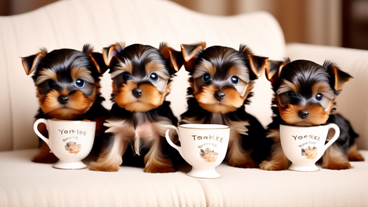 Generate an image of several adorable teacup Yorkshire Terrier puppies playing together in a cozy and charming living room setting. The tiny puppies should have shiny, well-groomed coats and bright, p