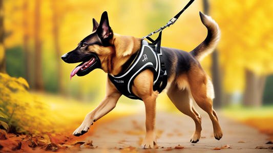 Create an image showcasing a jubilant, active dog wearing a Julius-K9 IDC harness in a vibrant outdoor setting, such as a park or forest. Highlight the harness’s sleek design, sturdy build, and comfor