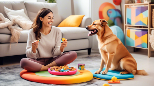 Create an image of a cozy living room where an adult dog is sitting on a brightly colored dog training pad. The dog looks happy and content, and a couple of training treats and toys can be seen nearby