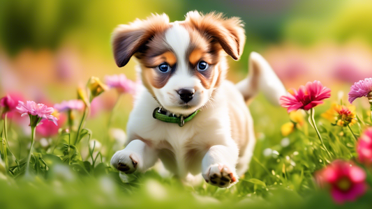 Create an image of a joyful and energetic puppy bounding through a field of lush green grass. The puppy is surrounded by vibrant flowers, and in the foreground, there is a dog bowl with Diamond Puppy 