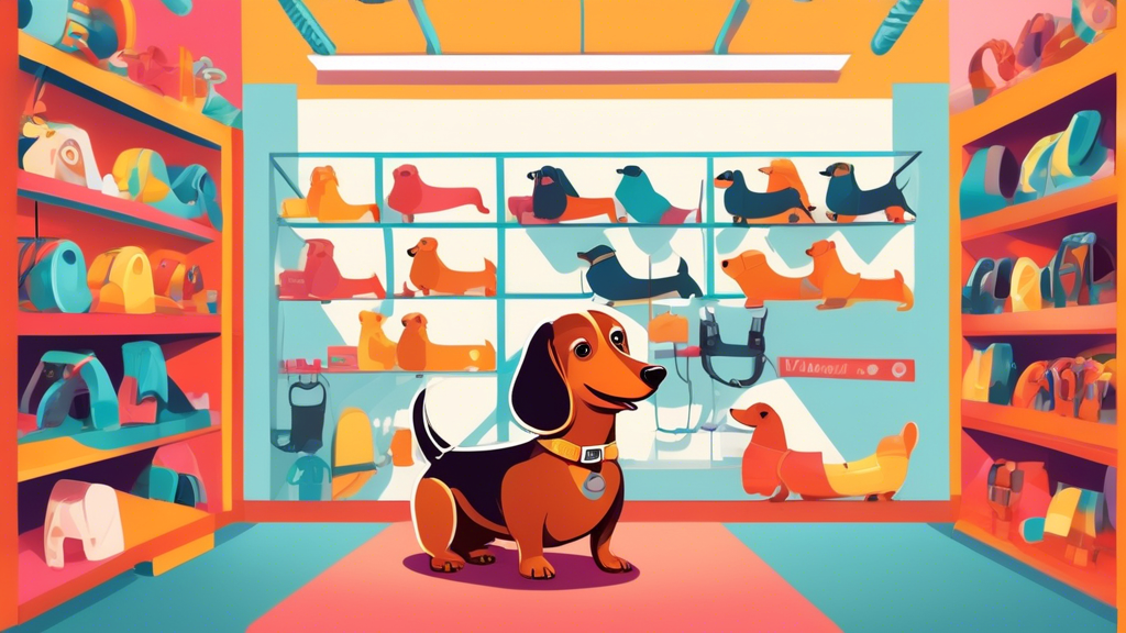 Create an image of a happy dachshund dog in a colorful pet store surrounded by various types of harnesses on display. The dachshund is wearing a comfortable and stylish harness that fits it perfectly.