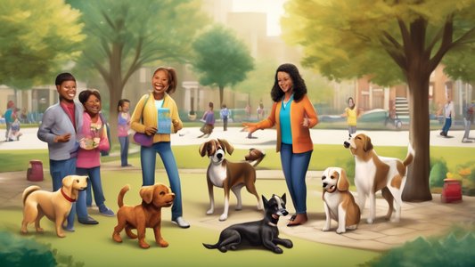 Create a scene set in a cozy, urban neighborhood park where a friendly dog behavior specialist is engaging with a diverse group of dogs and their owners. Show different breeds of dogs displaying vario