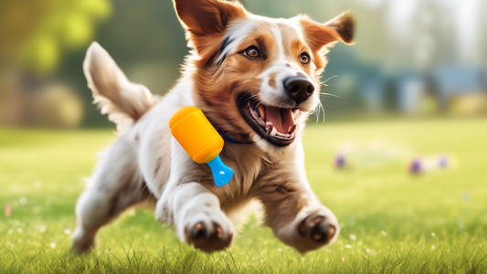 Create a vibrant and detailed image of a happy dog playing with a West Paw Qwizl toy. The scene should reflect a safe and engaging environment, showcasing the toy's durability, interactive features, a
