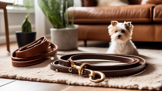 A high-quality leather dog leash displayed in a cozy, modern home setting. The leash, in rich brown hues, is draped elegantly over a wooden table next to a well-behaved, fluffy dog sitting on a soft r