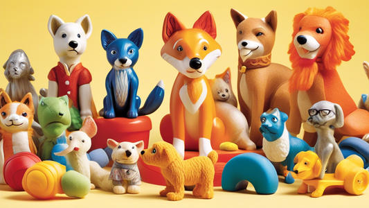 Create a whimsical and vibrant illustration of a variety of playful dog toys themed around classic fables. Include toys shaped like characters from well-known fables such as a clever fox, a brave lion