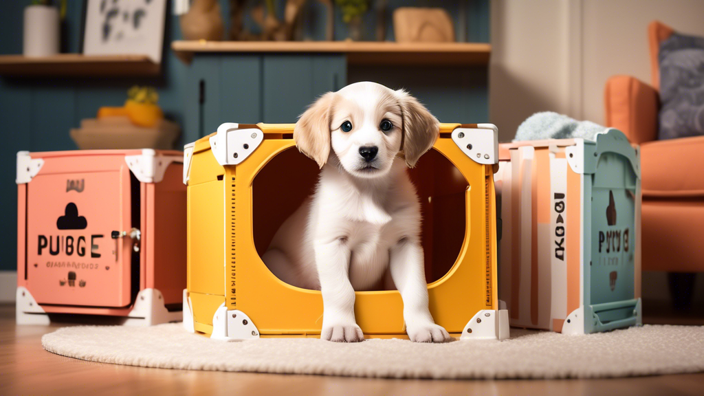 An adorable puppy sitting happily inside a variety of stylish and comfortable crates, each showcasing different designs, materials, and sizes. The background features a cozy, well-decorated living roo