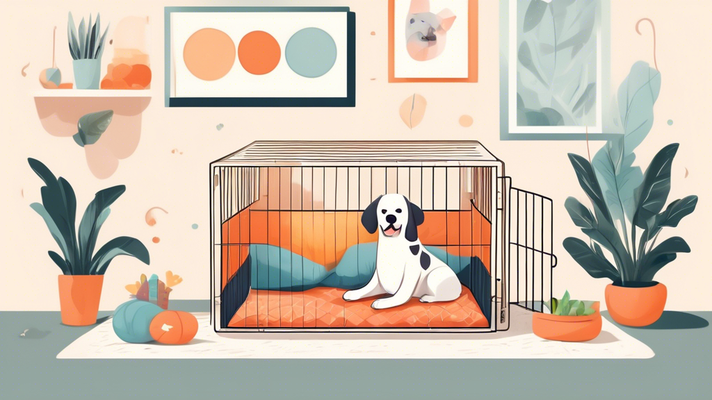 Create an image of a cozy and spacious extra-large soft dog crate with plush bedding inside, situated in a stylish and dog-friendly living room. The crate door is open, and a happy large dog is comfor