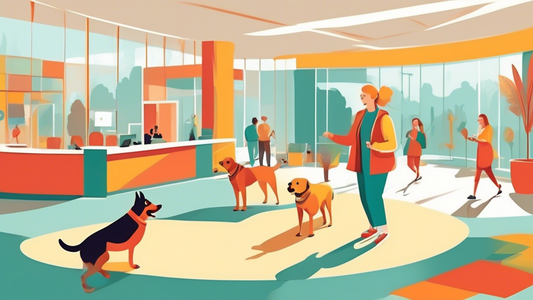 Prompt: A friendly, modern facility with happy dogs playing in a well-maintained outdoor space with trainers guiding them. Inside, comfortable, homely boarding areas for dogs of all sizes. A cheerful 