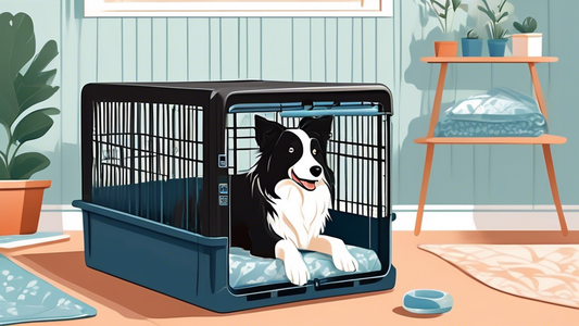 A detailed illustration of a medium-sized plastic dog crate in a well-lit home setting. The crate features secure locking mechanisms, comfortable bedding inside, and ample ventilation holes. Nearby, a