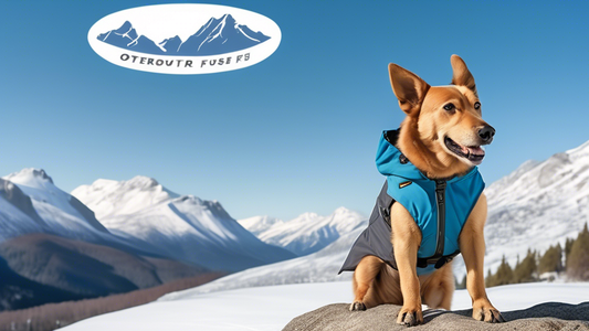 Create an image of a happy, adventurous dog wearing a rugged, high-quality outdoor jacket while exploring a scenic, mountainous landscape. The jacket should feature multiple pockets and durable materi