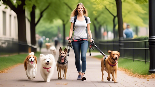 Imagine a picturesque urban park with people effortlessly walking their dogs. The dogs are attached to innovative, hands-free leashes that connect to the walkers' belts or waistbands. The people are e