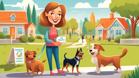 A friendly neighborhood scene with a cheerful dog and its owner meeting a professional dog trainer in a park. The trainer holds a 'Dog Potty Training' sign, and there’s a clean potty area designated f
